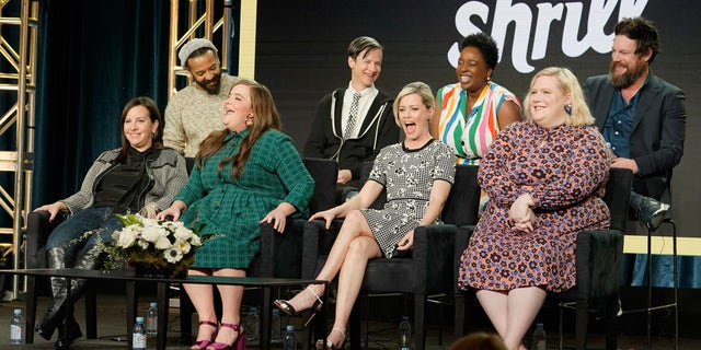 (L-R) Ian Owens, Ali Rushfield, John Cameron Mitchell, Aidy Bryant, Lolly Adefope, Elizabeth Banks, Lindy West and Luka Jones speak onstage during the Hulu Panel during the Winter TCA 2019 on February 11, 2019, in Pasadena, Calif.