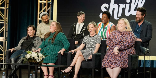 (L-R) Ian Owens, Ali Rushfield, John Cameron Mitchell, Aidy Bryant, Lolly Adefope, Elizabeth Banks, Lindy West and Luka Jones speak onstage during the Hulu Panel during the Winter TCA 2019 on February 11, 2019, in Pasadena, Calif.