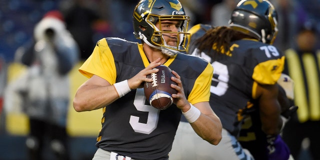 Philip Nelson #9 of the San Diego Fleet drops back to pass in the first quarter against the Atlanta Legends during the Alliance of American Football game at SDCCU Stadium on February 17, 2019, in San Diego, California.