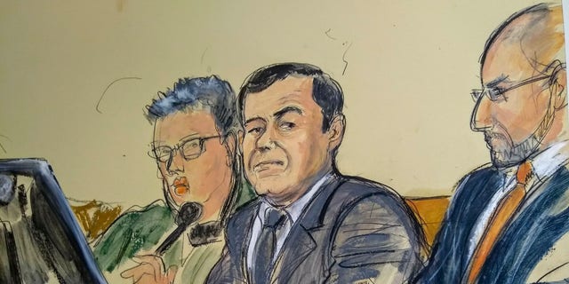 In this courtroom sketch, Joaquin "El Chapo" Guzman, center, listens as a prosecutor delivers closing arguments during his trial, Wednesday, Jan. 30, 2019, in New York. Guzman was portrayed Wednesday in closing arguments at his U.S. trial as a ruthless Mexican drug lord who also became skilled at evading capture and escaping prison because he feared facing justice on American soil. (Elizabeth Williams via AP)