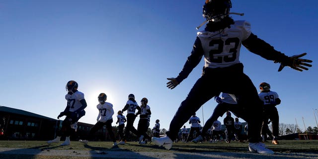 Los Angeles Rams workout during NFL football practice, Thursday, Jan. 31, 2019, in Flowery Branch, Ga., as they prepare for Super Bowl 53 against the New England Patriots. (AP Photo/John Bazemore)