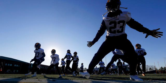 Los Angeles Rams workout during NFL football practice, Thursday, Jan. 31, 2019, in Flowery Branch, Ga., as they prepare for Super Bowl 53 against the New England Patriots. (AP Photo/John Bazemore)