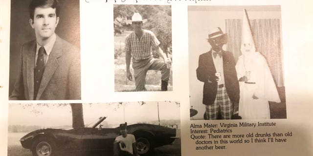 This image shows Virginia Gov. Ralph Northam’s page in his 1984 Eastern Virginia Medical School yearbook. The page shows a picture, at right, of a person in blackface and another wearing a Ku Klux Klan hood next to different pictures of the governor. It's unclear who the people in the picture are, but the rest of the page is filled with pictures of Northam and lists his undergraduate alma mater and other information about him. (Eastern Virginia Medical School via AP)