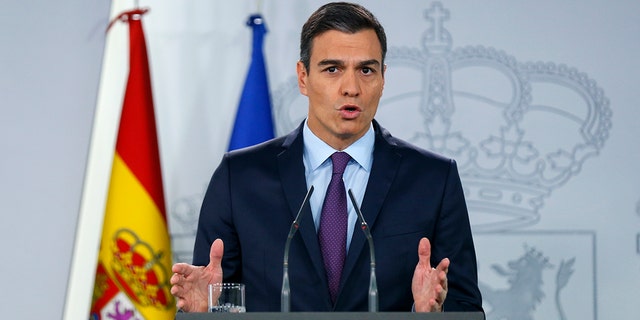Spain's Prime Minister Pedro Sanchez delivers a statement at the Moncloa Palace in Madrid, Spain, Monday, Feb. 4, 2019.  Sanchez told reporters "we are working for the return of full democracy in Venezuela", as Spain, France, and Sweden join countries that have recognized Venezuelan opposition leader Juan Guaido as the nation's interim president. (AP Photo/Andrea Comas)