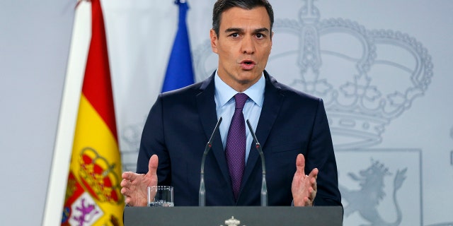 Spain's Prime Minister Pedro Sanchez delivers a statement at the Moncloa Palace in Madrid, Spain, Monday, Feb. 4, 2019.  Sanchez told reporters "we are working for the return of full democracy in Venezuela", as Spain, France, and Sweden join countries that have recognized Venezuelan opposition leader Juan Guaido as the nation's interim president. (AP Photo/Andrea Comas)