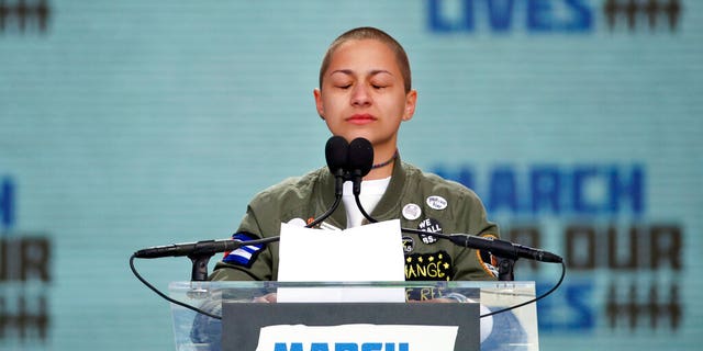 FILE - In this March 24, 2018 file photo, Emma Gonzalez, a survivor of the mass shooting at Marjory Stoneman Douglas High School in Parkland, Fla., closes her eyes and cries as she stands silently at the podium for the amount of time it took the Parkland shooter to go on his killing spree during the "March for Our Lives" rally in support of gun control in Washington. Last year’s shooting at a Florida high school sparked a movement among a younger generation angered by gun violence and set the stage for a significant shift in America’s gun politics. (AP Photo/Alex Brandon)