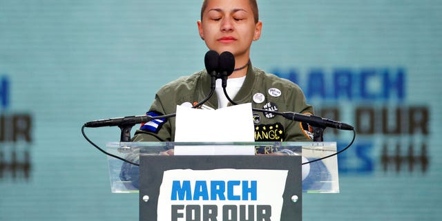 FILE - In this March 24, 2018 file photo, Emma Gonzalez, a survivor of the mass shooting at Marjory Stoneman Douglas High School in Parkland, Fla., closes her eyes and cries as she stands silently at the podium for the amount of time it took the Parkland shooter to go on his killing spree during the "March for Our Lives" rally in support of gun control in Washington. Last year’s shooting at a Florida high school sparked a movement among a younger generation angered by gun violence and set the stage for a significant shift in America’s gun politics. (AP Photo/Alex Brandon)