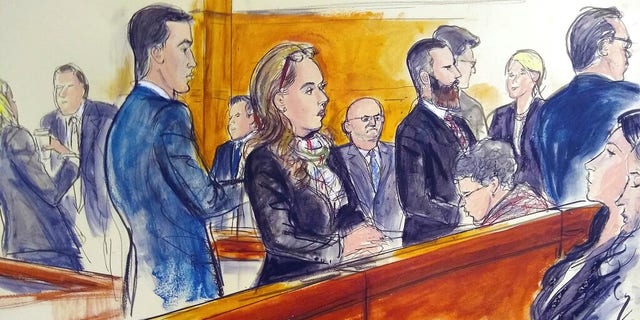In this courtroom drawing, those attending the trial of Mexican drug kingpin Joaquin "El Chapo" Guzman, pass the time while waiting for a verdict on Thursday, Feb. 7, 2019, during Guzman's drug trafficking trial in New York. Jurors ended their first week of deliberations on Thursday without reaching a verdict.