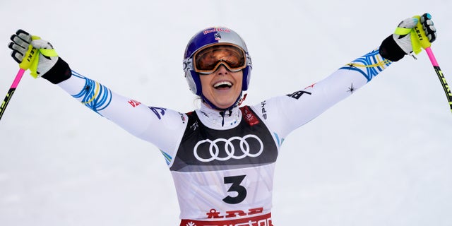 United States' Lindsey Vonn smiles in the finish area after the women's downhill race, at the alpine ski World Championships in Are, Sweden, Sunday, Feb. 10, 2019.