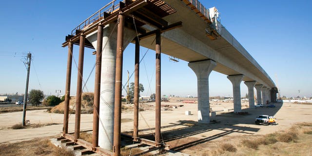 This December 2017 file photo shows one of the elevated sections of the high-speed rail under construction in Fresno, Calif. (AP Photo/Rich Pedroncelli, File)