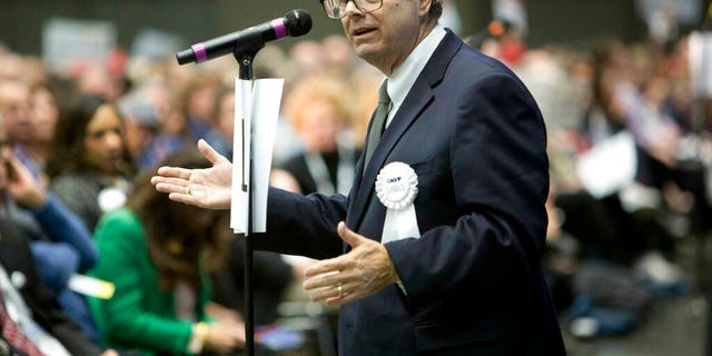 Stephen R. Frank, candidate for chair of the California Republican Party, speaks to delegates after his nomination during the party convention in Sacramento, Calif., Saturday, Feb. 23, 2019. (AP Photo/Steve Yeater)