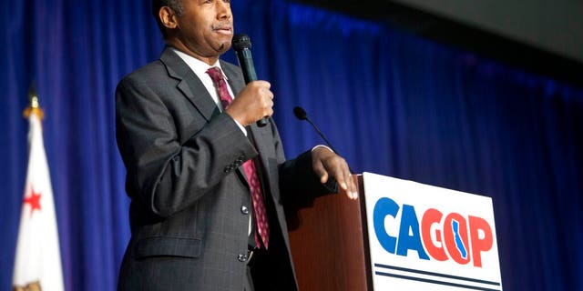 U.S. Secretary of Housing and Urban Development Ben Carson speaks to delegates during the California Republican Party convention in Sacramento, Calif., Saturday, Feb. 23, 2019. (AP Photo/Steve Yeater)