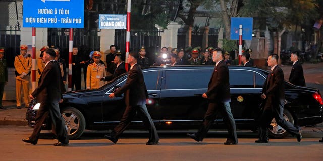 The motorcade carrying North Korea leader Kim Jong Un leave the North Korea embassy in Hanoi, Vietnam, Tuesday.