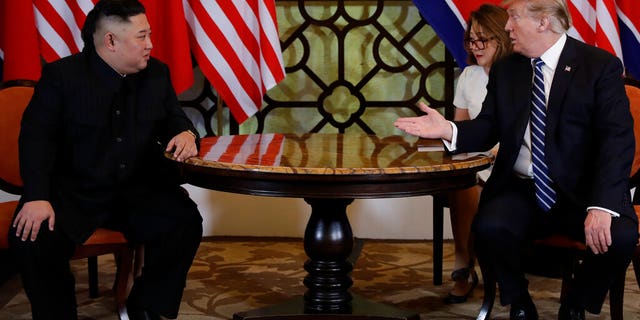 President Donald Trump meets North Korean leader Kim Jong Un, Thursday, Feb. 28, 2019, in Hanoi. (AP Photo/Evan Vucci)