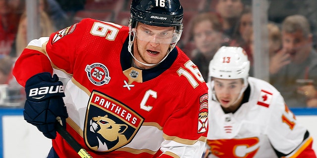 FEBRUARY 14: Aleksander Barkov of the Florida Panthers skates with the puck against the Calgary Flames. (GETTY)