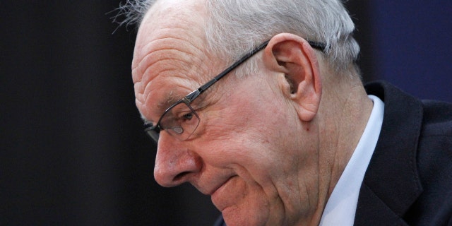Syracuse coach Jim Boeheim speaks at a news conference after the team's NCAA college basketball game against Duke in Syracuse, N.Y., Saturday, Feb. 23, 2019. Duke won 75-65.
