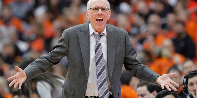 Syracuse head coach Jim Boeheim yells at an official during the second half of an NCAA college basketball game against Boston College in Syracuse, N.Y., Saturday, Feb. 9, 2019. Syracuse won 67-56. (AP Photo/Nick Lisi)