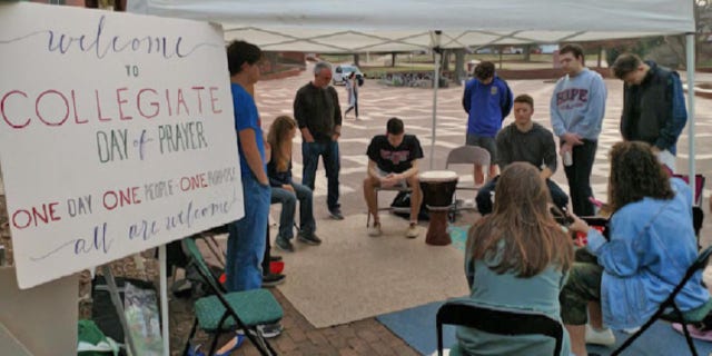 The Collegiate Day of Prayer tent at North Carolina State. The day of prayer is expected to bring hundreds of thousands of college students and community members together praying for a "student awakening" on campuses across the nation.