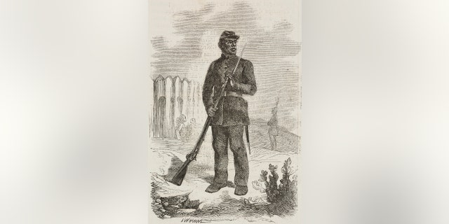 Sentry, African American Union soldiers, American Civil war, illustration from L'Illustration, Journal Universel, No 1093, Volume XLIII, February 6, 1864.