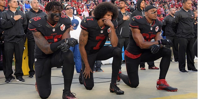 Colin Kaepernick began to kneel for the anthem during the 2016 season. (Kirby Lee-USA TODAY Sports)