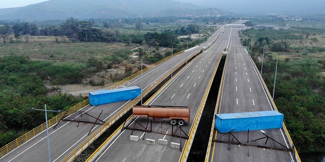 Aerial view of the Tienditas Bridge, in the border between Cucuta, Colombia and Tachira, Venezuela, after Venezuelan military forces blocked it with containers on February 6.