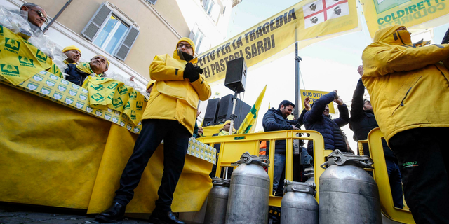 Sardinians dairy farmers protest low milk prices in downtown Rome, Italy, Tuesday, Feb. 12, 2019. (Giuseppe Lami/ANSA via AP)