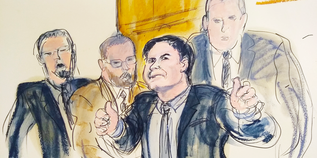 In this courtroom drawing, Joaquin "El Chapo" Guzman, second from right, accompanied by US Marshalls, gestures a "thumbs up" to his wife, Emma Coronel Aispuro, as he leaves the courtroom, Tuesday, Feb. 12, 2019, in New York. The notorious Mexican drug lord was convicted of drug-trafficking charges, Tuesday, Feb. 12 2019, in federal court in New York. Elizabeth Williams via AP)