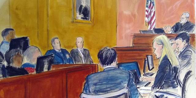 FILE - In this Monday Feb. 4, 2019 courtroom sketch, Judge Brian Cogan upper right, gives instructions to jurors in the trial of Joaquin "El Chapo" Guzman in New York. On Wednesday, Feb. 20, 2019, El Chapo’s lawyers raised concerns of potential juror misconduct and said they were reviewing “all available options” after a juror at the notorious Mexican drug lord’s trial told a news website that several jurors looked at media coverage of the case against a judge’s orders. (Elizabeth Williams via AP)