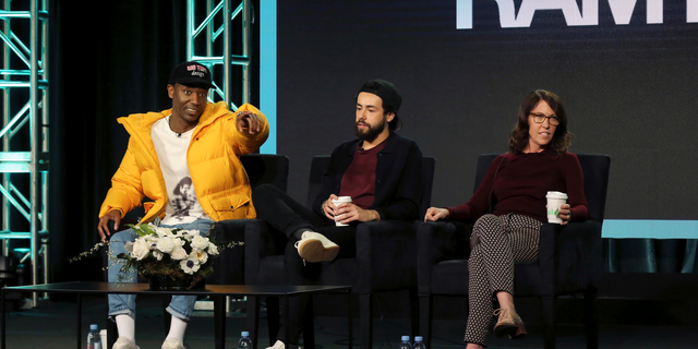 In this Feb. 11, 2019 file photo, Jerrod Carmichael, from left, Ramy Youssef and Bridget Bedard participate in the "Ramy" panel during the Hulu presentation at the Television Critics Association Winter Press Tour in Pasadena, Calif. Carmichael lamented what he called the "terrible" state of TV comedy, asked his audience if they'd seen some of it.