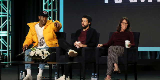 In this Feb. 11, 2019 file photo, Jerrod Carmichael, from left, Ramy Youssef and Bridget Bedard participate in the "Ramy" panel during the Hulu presentation at the Television Critics Association Winter Press Tour in Pasadena, Calif. Carmichael lamented what he called the "terrible" state of TV comedy, asked his audience if they'd seen some of it.