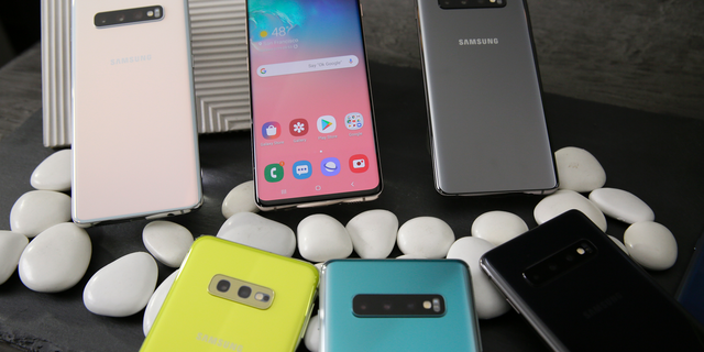 In this Tuesday, Feb. 19, 2019, photo is a selection of the new Samsung Galaxy S10 smartphones during a product preview in San Francisco. (AP Photo/Eric Risberg)