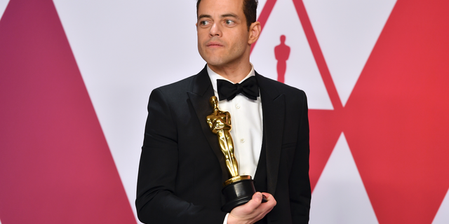 Rami Malek, winner of the award for best performance by an actor in a leading role for "Bohemian Rhapsody," poses in the press room at the Oscars on Feb. 24, 2019, at the Dolby Theatre in Los Angeles.