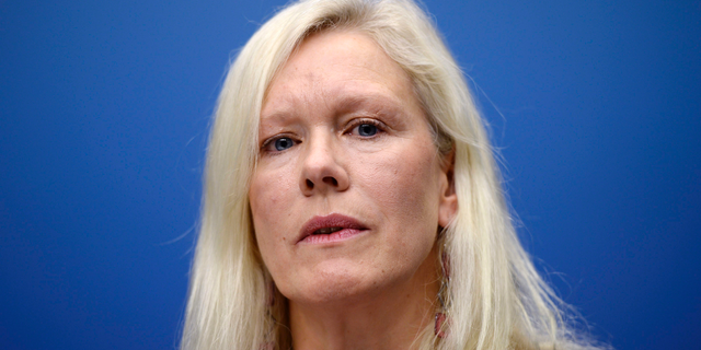 FILE - This Nov. 5, 2013 file photo, shows Anna Lindstedt, Sweden's ambassador to China during a press conference in Stockholm. Sweden’s ambassador to China is under internal investigation, the embassy said Thursday Feb. 14, 2019, after she set up meetings between the daughter of a detained Swedish publisher and two businessmen that appeared to have gone awry. (Leif R Jansson/TT via AP, File)
