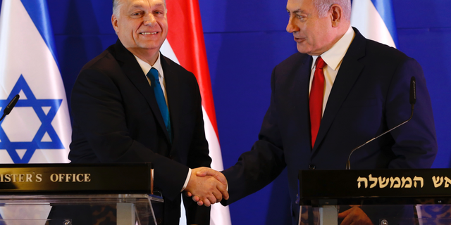 Hungarian Prime Minister Viktor Orban, left, and Israeli Prime Minister Benjamin Netanyahu attend a press conference after their meeting in Jerusalem, Tuesday, Feb. 19, 2019. (AP Photo/Ariel Schalit, Pool)