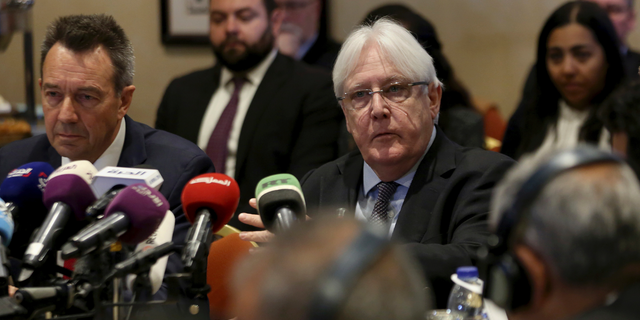 FILE - In this Tuesday, Feb. 5, 2019 file photo, United Nations Special Envoy to Yemen Martin Griffiths, center, and President of the International Committee of the Red Cross Peter Maurer, participate in a new round of talks by Yemen's warring parties in Amman, Jordan. Yemeni security officials said sunday, Feb. 17, 2019, that Griffiths arrived in the Yemeni capital, Sanaa, to discuss the "complex situation" in and around the key port city of Hodeida. (AP Photo/Raad Adayleh, File)