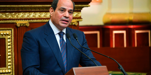 FILE - In this June 2, 2018 file photo provided by Egypt's presidency media office, Egyptian President Abdel-Fattah el-Sissi addresses the chamber after he was sworn in for a second four-year term in Cairo, Egypt. On Wednesday, Feb 13, 2019, Egypt's Parliament began deliberations over constitutional amendments that could allow el-Sissi to stay in office till 2034 — 12 more years after his current, second term expires in 2022. (Egyptian Presidency Media office via AP, File)