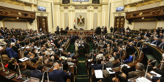 Egypt's Parliament meets to deliberate over constitutional amendments that could allow President Abdel-Fattah el-Sissi to stay in office till 2034, in Cairo Egypt, Wednesday, Feb 13, 2019. Wednesday's session will lead to a vote later in the evening or on Thursday, after which the text of the amendments would be finalized by a special committee for a final decision within two months. El-Sissi's current second term expires in 2022. (AP Photo)