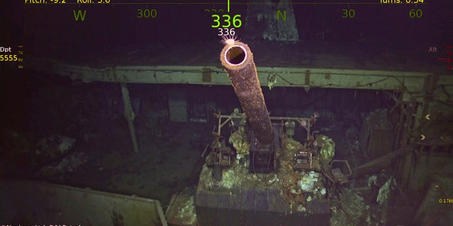 This photo provided by Paul G. Allen’s Vulcan Inc. shows a five inch gun at the wreckage of the USS Hornet. A research vessel funded by the late Seattle billionaire Paul Allen has discovered the wreckage of the aircraft carrier sunk in the South Pacific during World War II. Allen's Vulcan Inc. announced this week of Feb. 10, 2019, that an autonomous submarine sent by the crew of the research vessel Petrel found the USS Hornet nearly 17,500 feet (5,400 meters) deep near the Solomon Islands. The Hornet was best known for its part in the Doolittle Raid in April 1942, the first air attack on Japan. (Paul G. Allen’s Vulcan Inc. via AP)