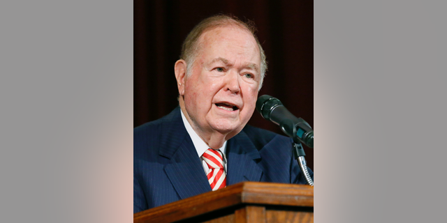 FILE - In this Sept. 20, 2017 file photo, University of Oklahoma President David Boren, a former Democratic governor and U.S. Senator, speaks at a news conference in Norman, Okla. An attorney for the former University of Oklahoma President says Boren denies any inappropriate behavior during his more than 20 years at OU and described a university probe as a "character assassination." A university spokeswoman confirmed late Wednesday, Feb. 14, 2019, the Jones Day law firm has been retained to conduct an investigation after OU received allegations of "serious misconduct." (AP Photo/Sue Ogrocki, File)