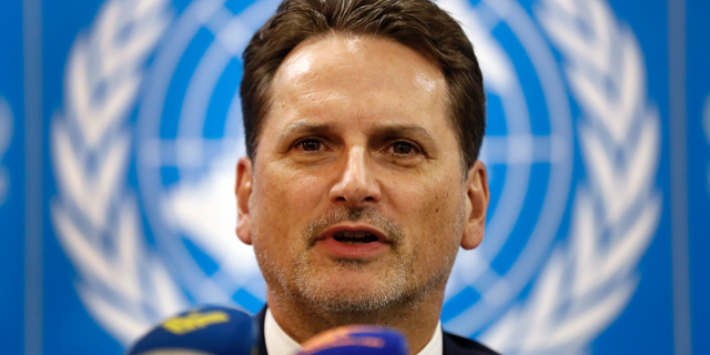 Pierre Krahenbuh, the head of the UN agency for Palestinian refugees, gives a press conference, in Beirut, Lebanon, Wednesday, Feb. 13, 2019. Krahenbuh said the organization was able to keep all schools and health centers in camps around Lebanon last year despite funding cuts. (AP Photo/Hussein Malla)