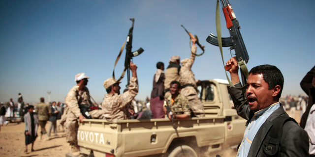 In this Jan. 3, 2017 file photo, tribesmen loyal to Houthi rebels chant slogans during a gathering aimed at mobilizing more fighters into battlefronts to fight pro-government forces, in Sanaa, Yemen. (AP Photo/Hani Mohammed, File)