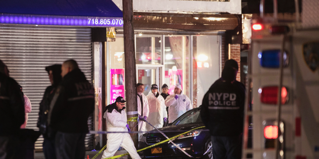 Investigators look over the area after a few New York City police officers were shot while responding to a robbery at a T-Mobile store in the Queens borough of New York on Tuesday, Feb. 12, 2019. An official said one of them was killed. (AP Photo/Kevin Hagen)