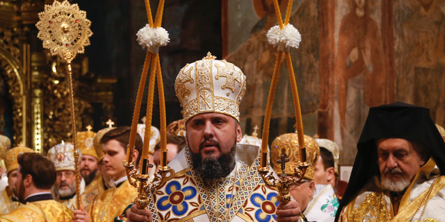 Metropolitan Epiphanius, newly elected head of the Orthodox Church of Ukraine, Metropolitan of Kyiv and All Ukraine, conducts a service during his enthronement in the St. Sophia Cathedral in Kiev, Ukraine, Sunday, Feb. 3, 2019.