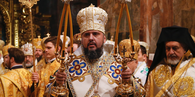 Metropolitan Epiphanius, newly elected head of the Orthodox Church of Ukraine, Metropolitan of Kyiv and All Ukraine, conducts a service during his enthronement in the St. Sophia Cathedral in Kiev, Ukraine, Sunday, Feb. 3, 2019.