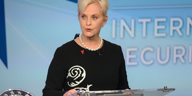 FILE - In this Nov. 17, 2018 file photo, Cindy McCain pauses while presenting the inaugural John McCain Prize for Leadership in Public Service to the People of the island of Lesbos, Greece at the Halifax International Security Forum in Halifax, Canada.