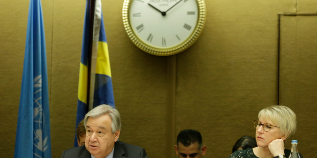 U.N. Secretary-General Antonio Guterres, left, and Swedish Minister for Foreign Affairs Margot Wallstroem, right, attend the High-Level Pledging Event for the Humanitarian Crisis in Yemen, at the European headquarters of the United Nations in Geneva, Switzerland, on Tuesday, Feb. 26, 2019. (Salvatore Di Nolfi/Keystone via AP)