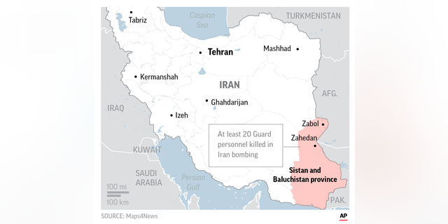 Map locates Sistan and Baluchistan in Iran.;