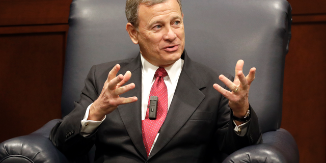 Supreme Court Chief Justice John Roberts answers questions during an appearance at Belmont University Wednesday, Feb. 6, 2019, in Nashville, Tenn. (AP Photo/Mark Humphrey)