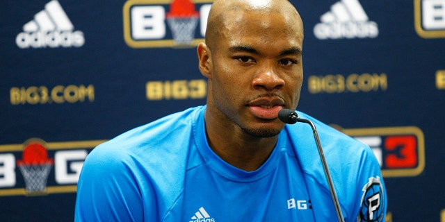AUGUST 10: Corey Maggette answers questions from the media during week eight of the BIG3 three on three basketball league at Infinite Energy Arena in Duluth, Georgia. (Getty Images)
