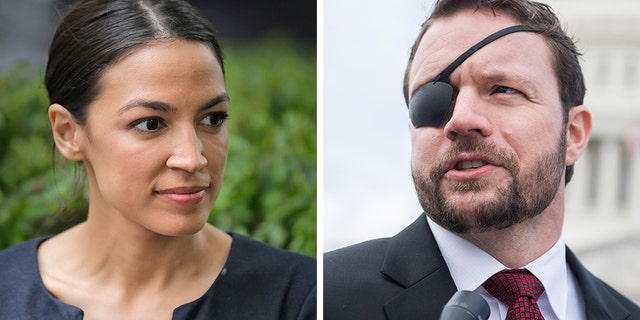 Rep. Dan Crenshaw, R-Texas, right, who lost an eye as a Navy SEAL in Afghanistan, tweeted a shot at both the New England Patriots monopoly and the progressive ideas of Rep. Alexandria Ocasio-Cortez, D-N.Y. (AP / Getty)